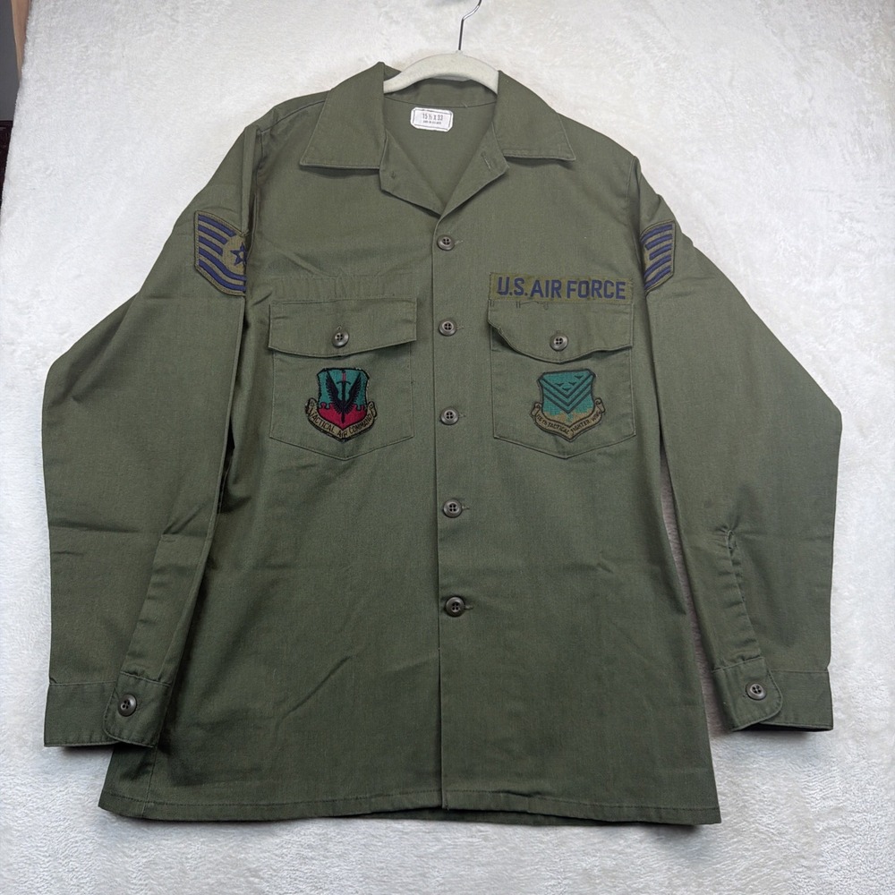Vintage 80s USAF OG-507 Utility Shirt TAC Patches Technical Sgt 15.5x33